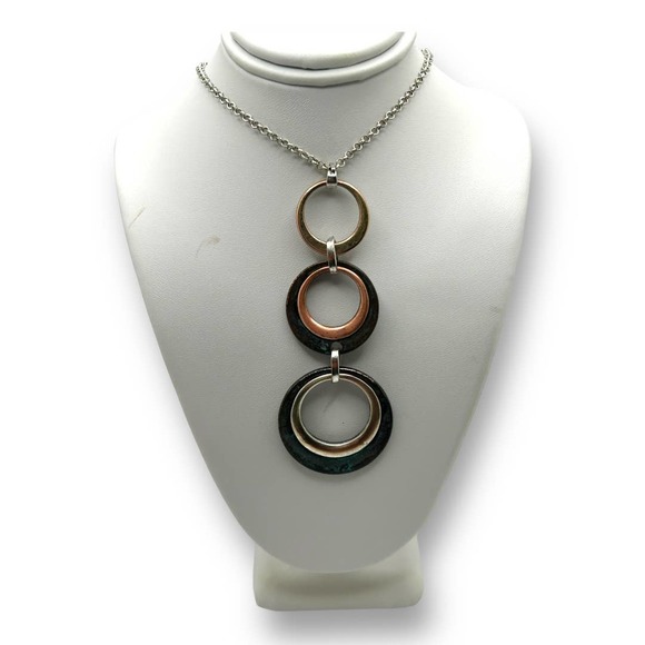 Mixed Metals Geometric Circles Modern Industrial Statement Necklace - Picture 2 of 9